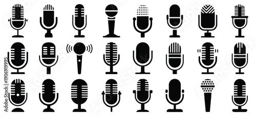Vector Set Microphone Icon Collections, Featuring Podcast Microphones, Voice Recorder Symbols, Audio Logo Design, and Vector Illustration