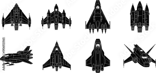Futuristic spacecraft silhouette set, sci fi space fighter ships collection, black vector icons isolated on white background for digital design