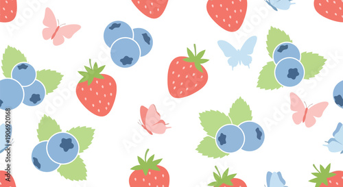 Berry seamless pattern vector clipart with strawberries, blueberries, butterflies, and leaves