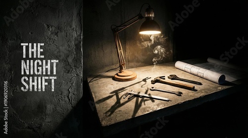 The Night Shift: A dimly lit workspace with tools and blueprints suggests a dedicated individual working tirelessly during the late hours.