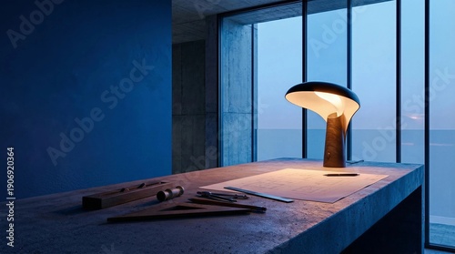 Interior Design Illumination: A modern lamp casts a warm glow upon a workspace. The scene highlights the clean lines of the design and the interplay of light and shadow