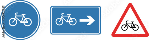 Collection of bicycle traffic signs including mandatory route, direction, and warning