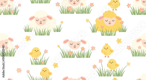 Cute Easter lamb and chick seamless pattern vector clipart for spring holiday designs