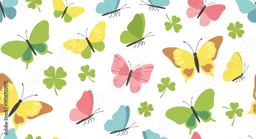 Butterfly and Clover Vector Clipart Seamless Pattern in Pastel Colors for Spring Design