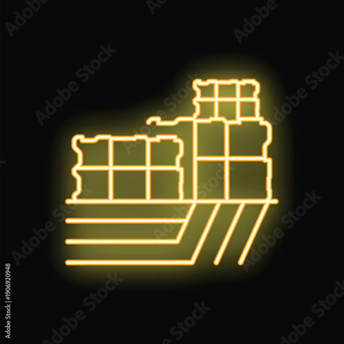 Yellow glowing neon line cargo ship delivering goods at night on black background