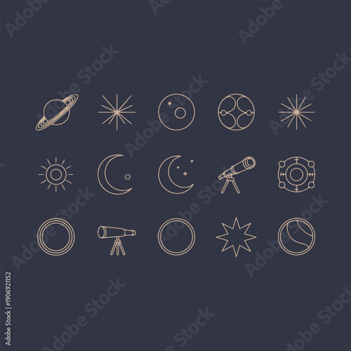 A Set of Fifteen Minimalist Celestial Line Art Icons