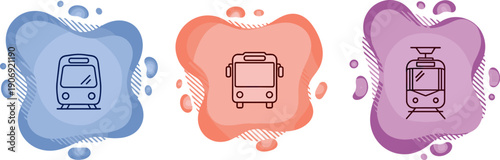 Set of three public transport icons: train, bus, and tram, on colorful abstract blobs