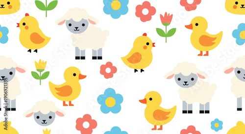 Cute spring farm animals vector clipart seamless pattern with chicks, lambs, and flowers