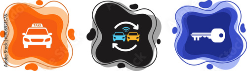 Icons representing taxi, car sharing, and car key services on abstract backgrounds