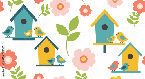 Spring birdhouse vector clipart seamless pattern with birds, flowers, and leaves for kids decor