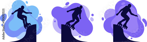 Silhouette of rollerblader performing a trick on a ramp with abstract colorful shapes