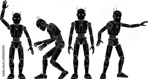 Humanoid robot vector illustration set, futuristic mechanical design drawing, sci fi robotics concept art, artificial intelligence robot poses, flavector