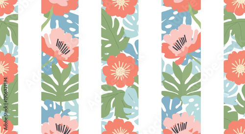 Floral seamless pattern vector clipart with tropical leaves and pink flowers for summer design