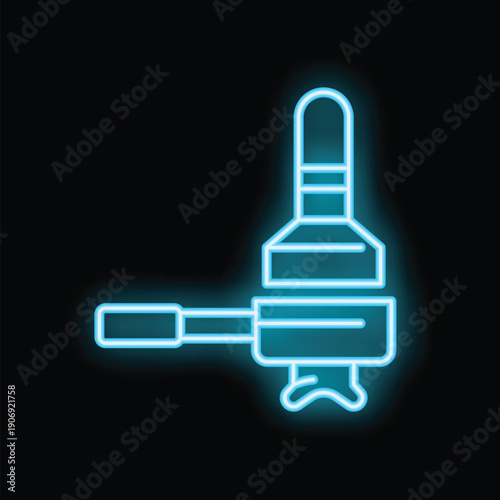 Blue neon icon of a barista coffee tamper pressing ground coffee beans in a portafilter before making espresso