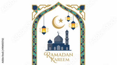 An elegant Ramadan Kareem greeting card design featuring a mosque, crescent moon, lanterns, and intricate Islamic archway patterns.