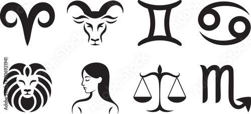 Astrology zodiac signs Aries Taurus Gemini Cancer Leo Libra Scorpio symbols icons vector illustration