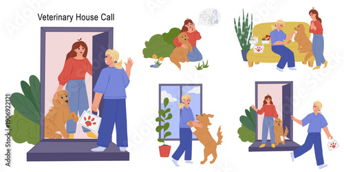 Veterinary house call for injured dog at home. In-home pet medical care scenes set with vet and owner. Flat vector illustration for veterinary services, pet clinic websites, apps and posters