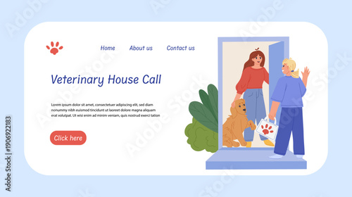 Veterinary house call web banner or landing page. Professional vet arrives at pet's home. In-home animal healthcare service concept for websites, apps and online clinics. Flat vector illustration.