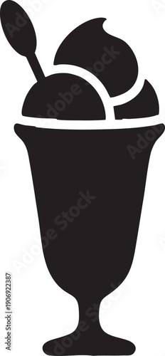 Ice Cream Sundae in Glass with Spoon Black Silhouette Icon Representing Dessert and Sweet Treats