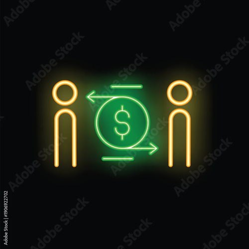 Neon sign representing a money transfer between two businessmen, perfect illustration for a financial concept
