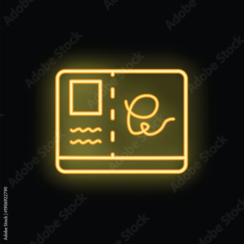 Glowing neon yellow postcard icon illuminating the dark for travel and tourism content
