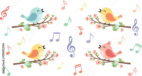 Colorful singing birds on branches with music notes vector clipart for spring designs