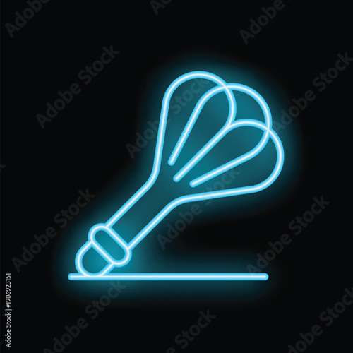 Blue neon sign of a whisk lying down on a black background