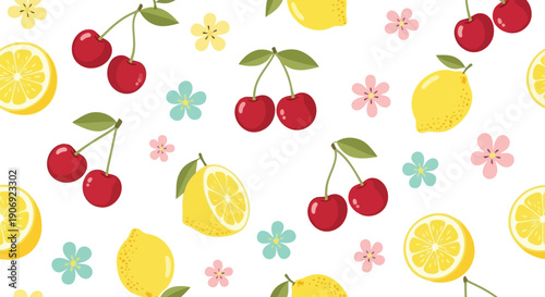 Seamless summer fruit vector clipart pattern with cherries, lemons, and flowers on white background