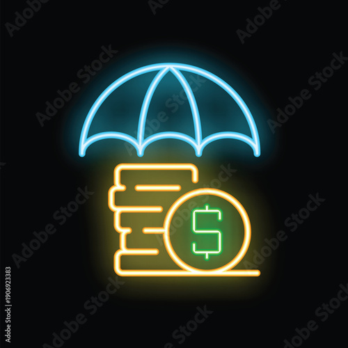 Neon sign representing a money protection insurance concept with an umbrella protecting coins