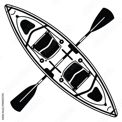 Black and white kayak with two paddles and seats