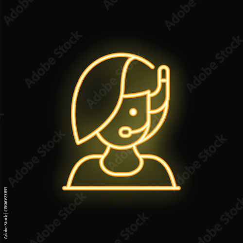 Neon sign vector of a female call center operator wearing a headset, glowing yellow on a black background