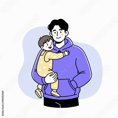 Simple line illustration of a happy father hugging and holding his young baby.