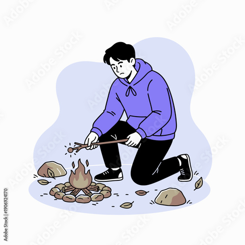 Vector illustration of a young person roasting a marshmallow over a campfire.