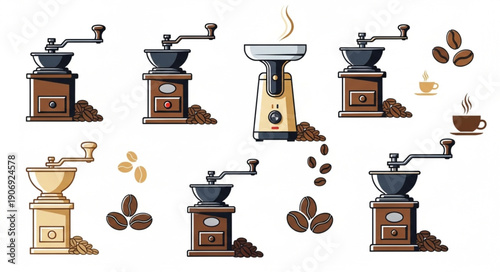 Collection of vintage and modern coffee grinders with beans.