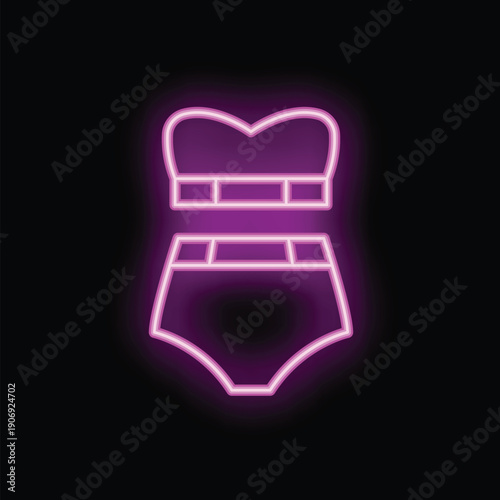 Bright pink neon sign showing a womens underwear set, on a black background