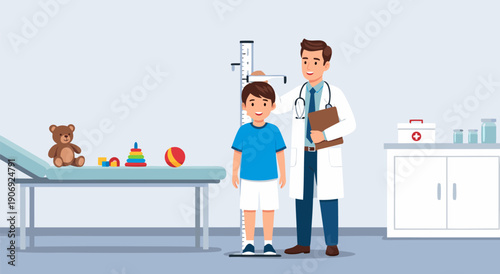 Pediatrician measuring a boy's height in a doctor's office vector illustration