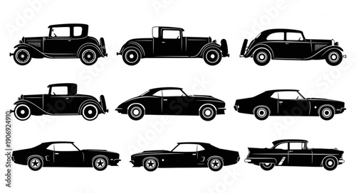 Collection of vintage and classic car silhouettes.