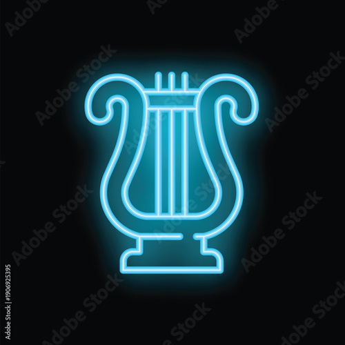 Blue neon sign depicting a lyre on a black background, a symbol of music, poetry, and ancient greece