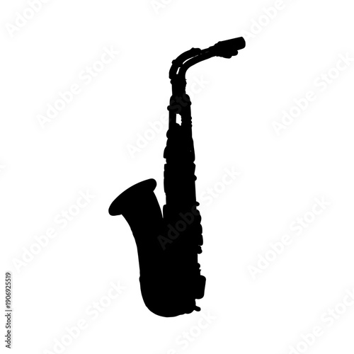 Black silhouette illustration of a metal saxophone musical instrument vector icon isolated on a white background