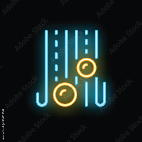 Neon icon of a physics experiment demonstrating the force of gravity pulling two balls downwards