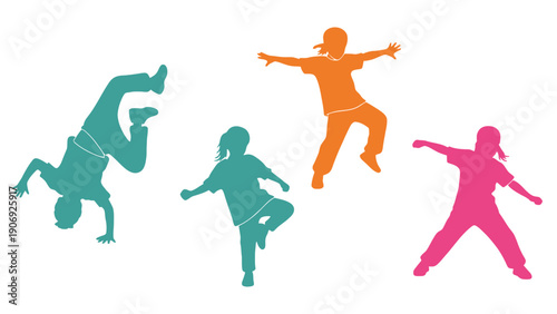 Dance vector silhouettes of four people in different colorful poses