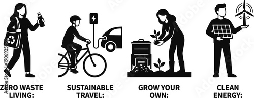 Sustainability lifestyle flat character set with eco friendly concepts