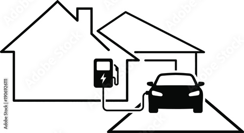 Electric vehicle charging station home garage installation vector illustration