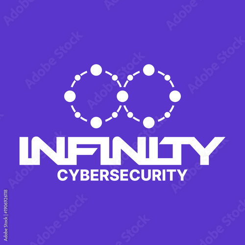 Infinity logo sign symbol built from connected nodes on a purple background. Representing infinite cybersecurity protection, symbol of limitless connectivity, quantum cryptography technology logo idea