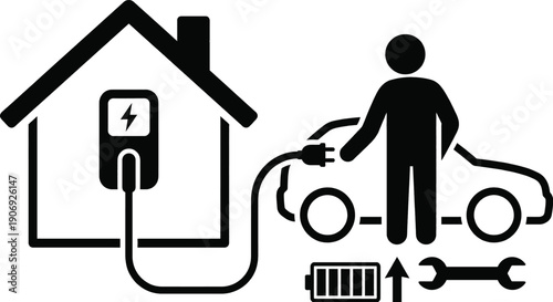 Electric vehicle charging station home garage installation vector illustration