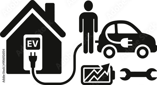 Electric vehicle charging station home garage installation vector illustration