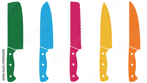 Kitchen knives icon set in different colors for cooking and cutting