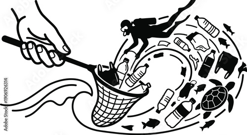 Plastic pollution cleanup in the ocean conceptual illustration