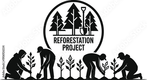Reforestation project planting trees in green landscape illustration vector