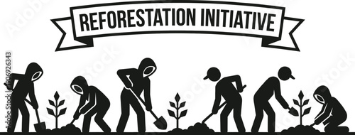 Reforestation project planting trees in green landscape illustration vector